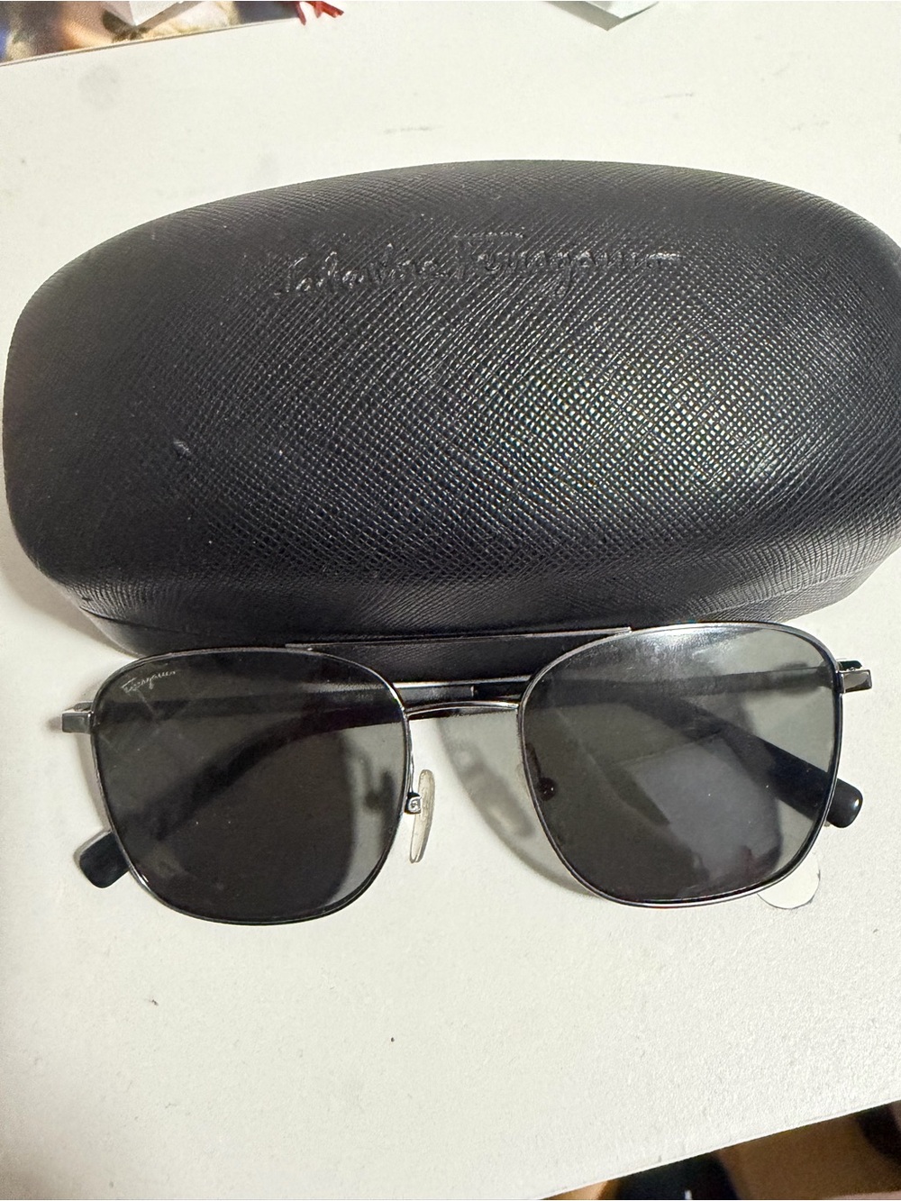 Salvatore Ferragamo Black Lens Silver Frame Sunglasses with Textured Case